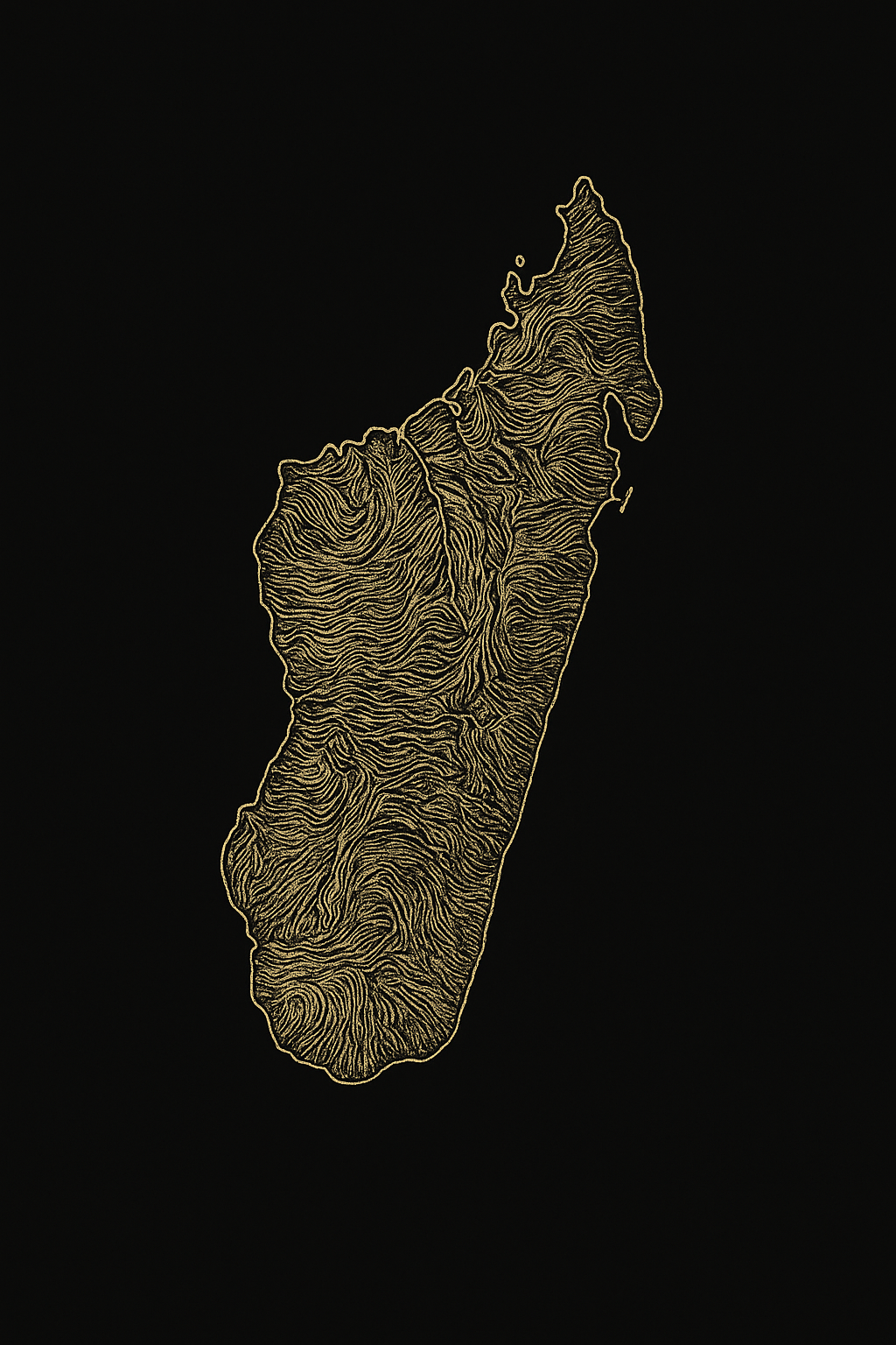Carte stylisée de Madagascar en doré, origine de la vanille Bourbon – Maison Lagousse